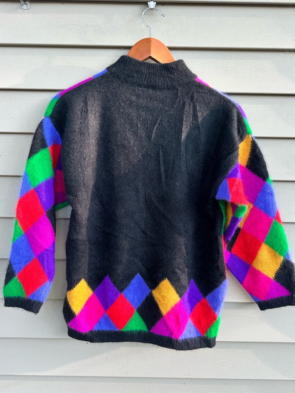 Angora lambswool blend harlequin sweater 80s  bright colors - Picture 2 of 4